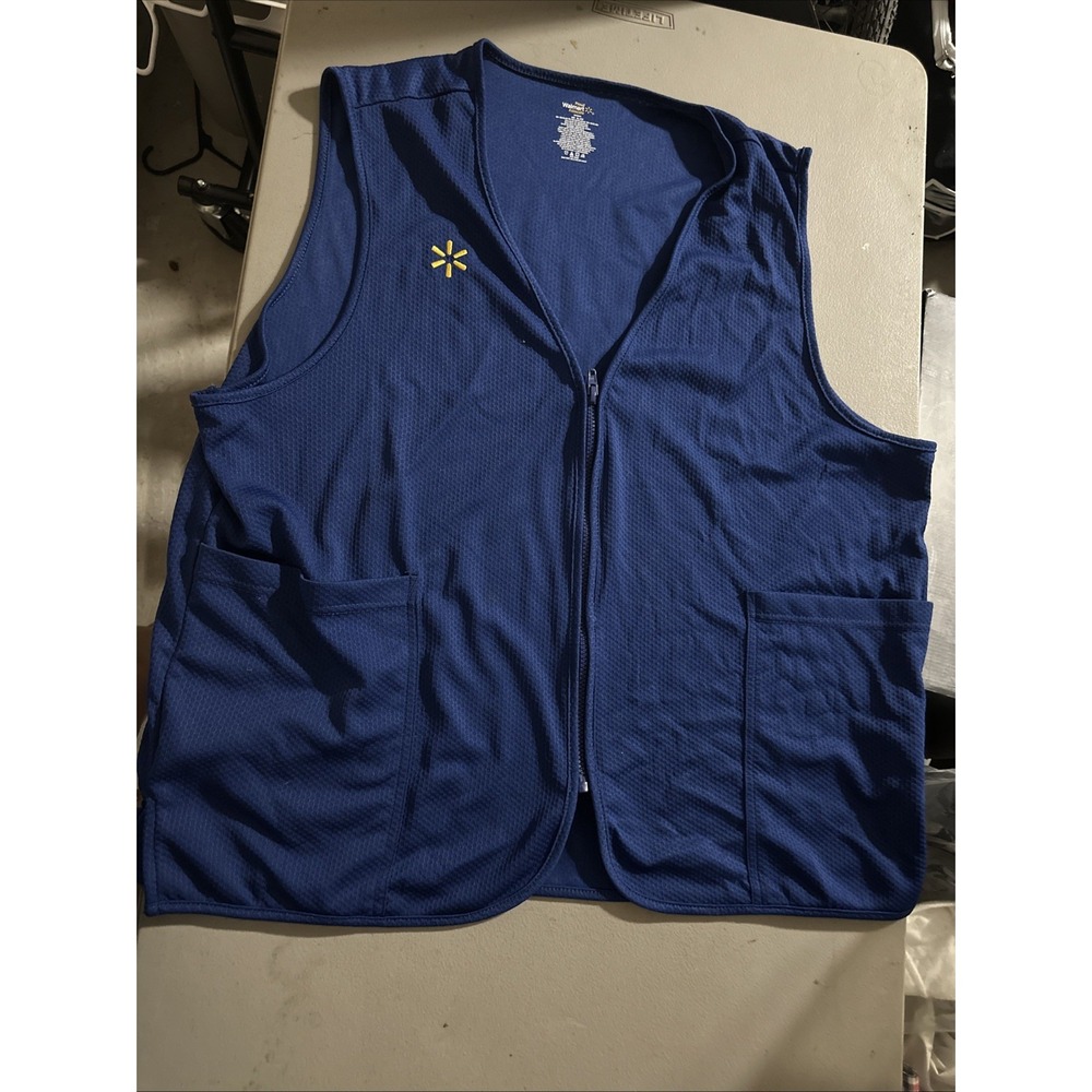 Walmart Employee Uniform Vest Blue Zip Front Pockets Happy To Help Size Small